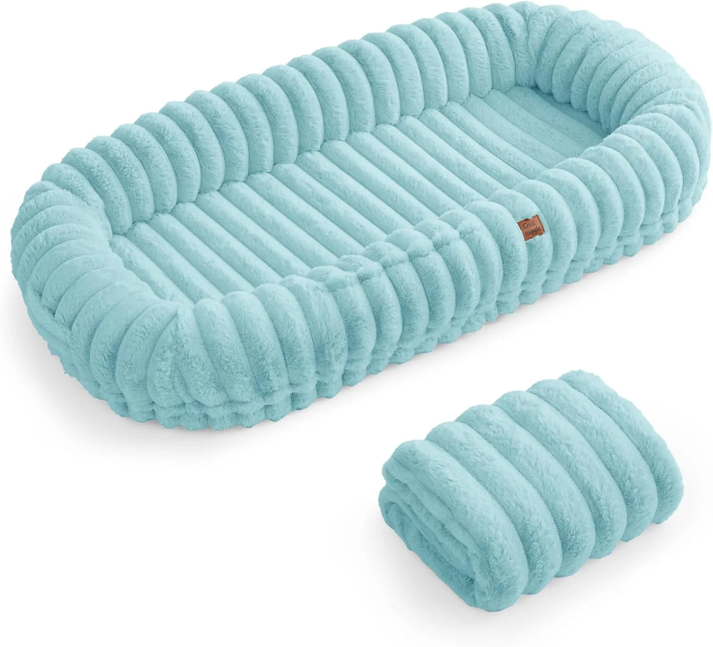 Human Dog Bed for Adult - Luxury Striped Faux Fur Giant Dog Bed with Portable Handle, Egg Orthopedic Foam Pad with Thick Blanket,Blue